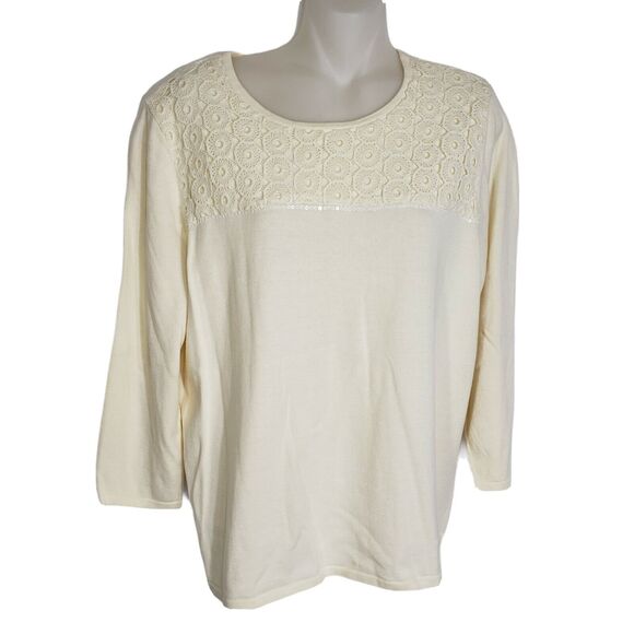 Alfred Dunner Womens Sweater Small Crochet Lace Ivory Knit 3/4 Sleeve Sequins - Picture 1 of 11